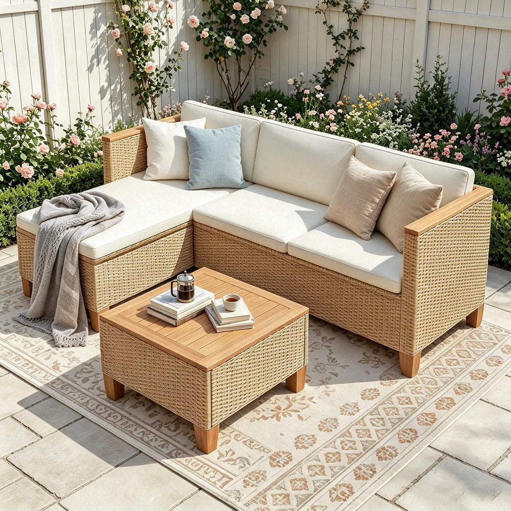 Outdoor 3-Piece Rattan Sofa Set, L-Shaped with Table