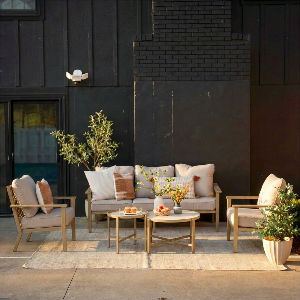 5-Seater Patio Wood-Like Metal Rope Sofa Set