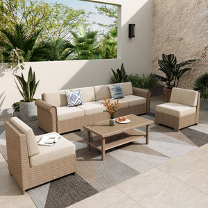 Classic triple-strand rattan garden sofa with iron frame, padded cushions & dual-tier side table