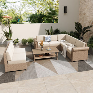 Classic triple-strand rattan garden sofa with iron frame, padded cushions & dual-tier side table