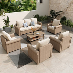 Classic rattan garden sofa with wide armrests, iron frame, cushions, footstools & 2-tier side table
