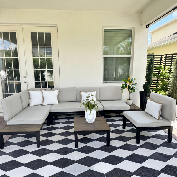 L Shaped Outdoor Corner Sofa Set Metal Frame Patio Sectional with Cushions